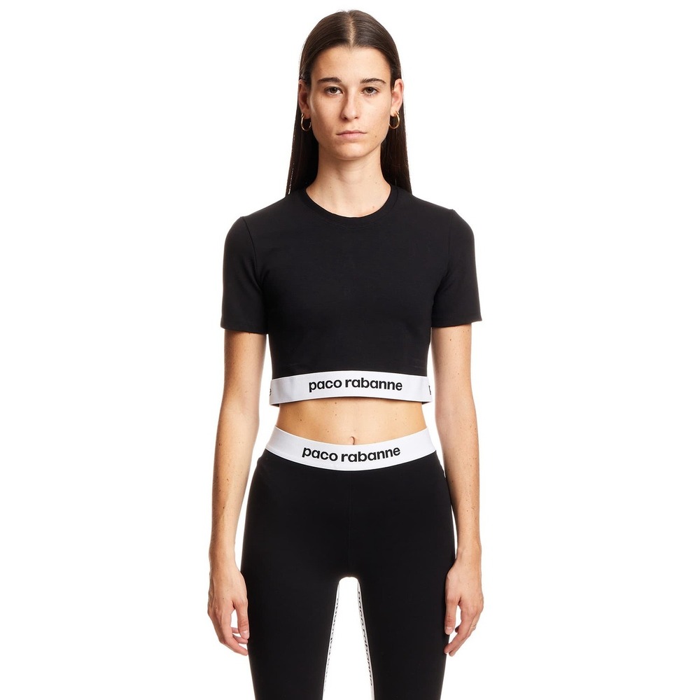 Paco Rabanne Black Logo Hem Crop Top Short Sleeve Crew Neck Sporty Athletic XS